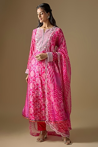 Pink Kora Silk Printed & Embroidered Kurta Set by Prisha's