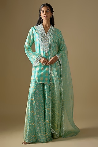 Green Silk Embroidered Kurta Set by Prisha's