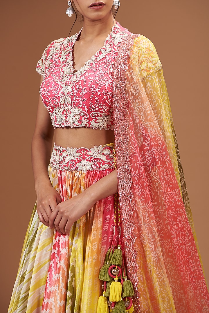 Multi-Colored Kora Silk Block Printed Wedding Lehenga Set by Prisha's at Pernia's Pop Up Shop