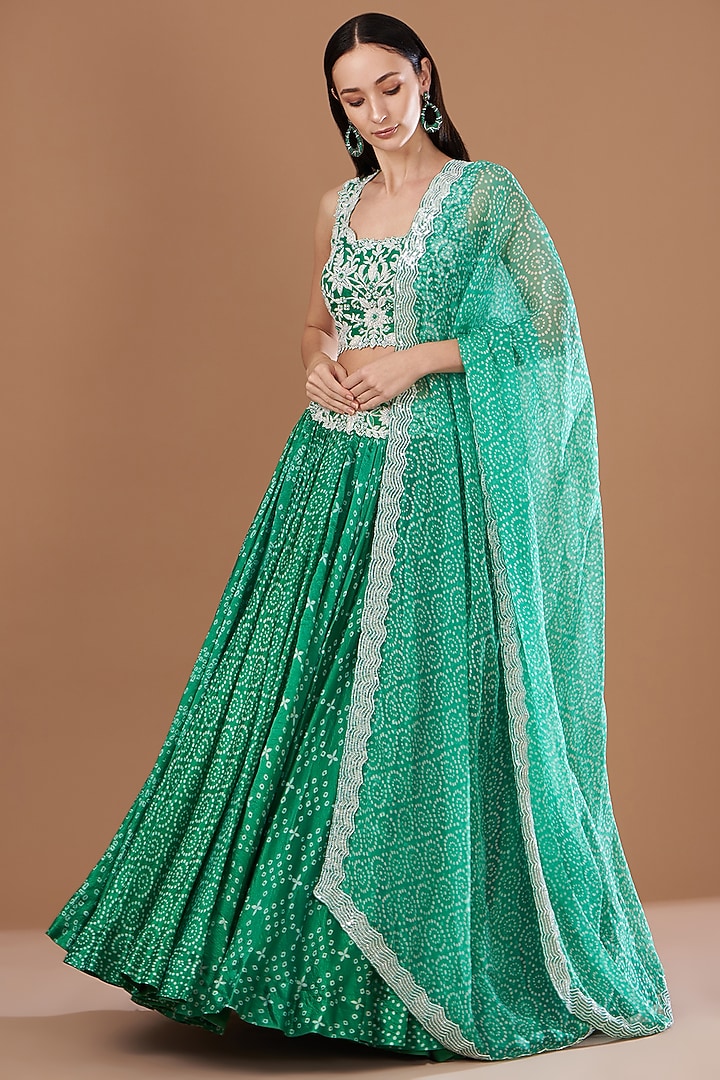 Green Kora Silk Block Printed & Zardosi Embroidered Wedding Lehenga Set by Prisha's at Pernia's Pop Up Shop