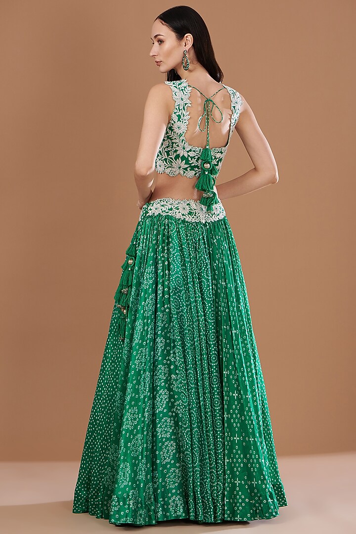Green Kora Silk Block Printed & Zardosi Embroidered Wedding Lehenga Set by Prisha's at Pernia's Pop Up Shop