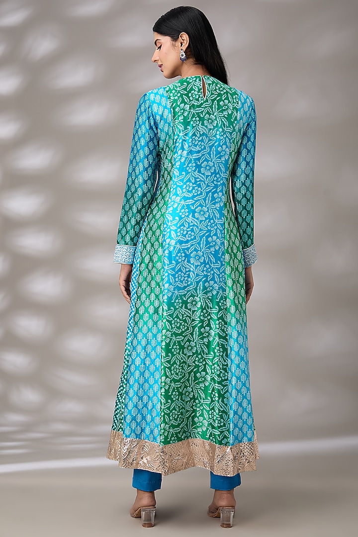 Blue Kora Silk Block Printed Pleated Long Kurta Set by Prisha's at Pernia's Pop Up Shop