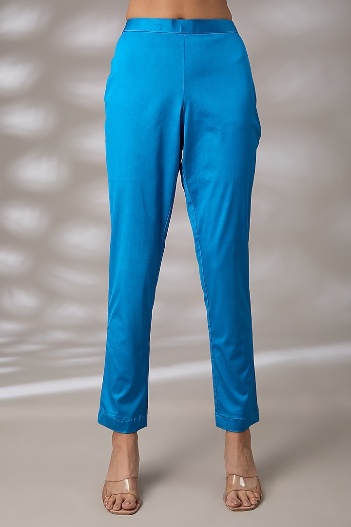 Blue Kora Silk Block Printed Pleated Long Kurta Set by Prisha's at Pernia's Pop Up Shop