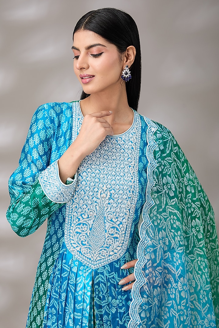 Blue Kora Silk Block Printed Pleated Long Kurta Set by Prisha's at Pernia's Pop Up Shop