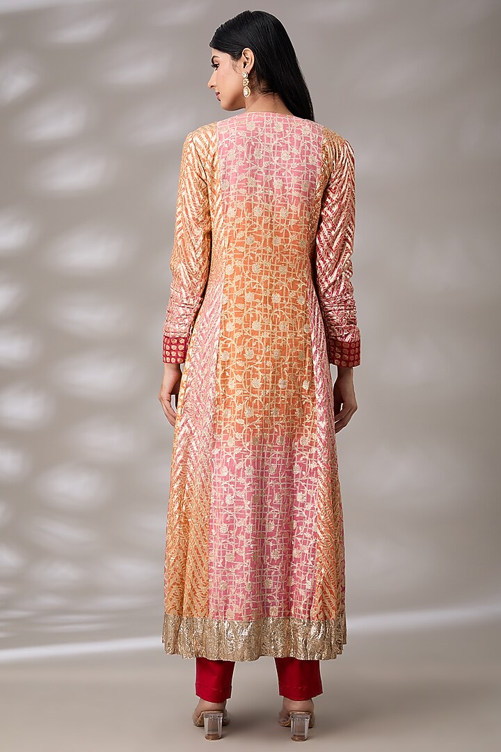 Multi-Colored Kora Silk Embroidered & Block Printed Pleated Long Kurta Set by Prisha's at Pernia's Pop Up Shop