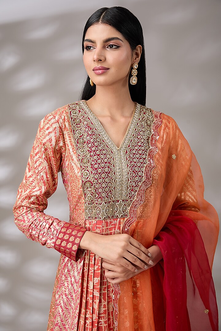 Multi-Colored Kora Silk Embroidered & Block Printed Pleated Long Kurta Set by Prisha's at Pernia's Pop Up Shop