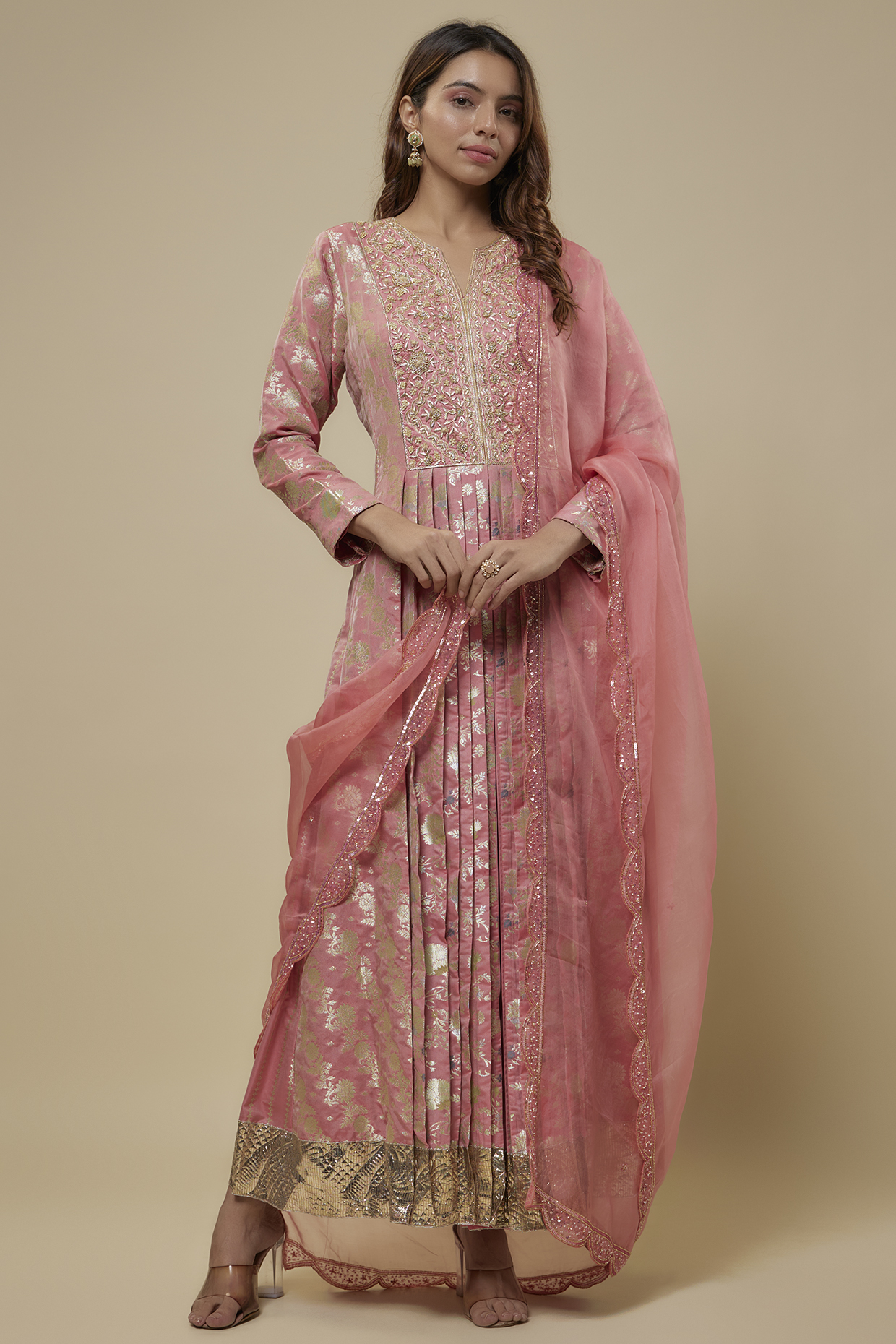 Peach Banarasi Brocade Zardosi Embroidered Pleated Kurta Set