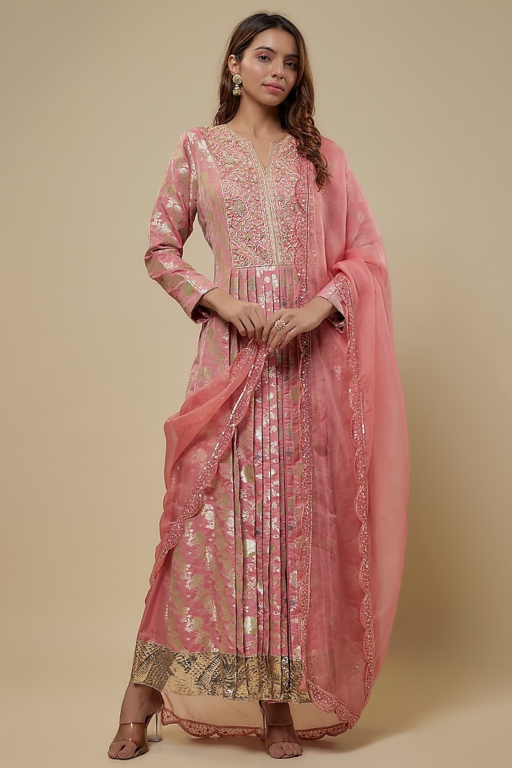 Peach Banarasi Brocade Zardosi Embroidered Pleated Kurta Set by Prisho at Pernia's Pop Up Shop