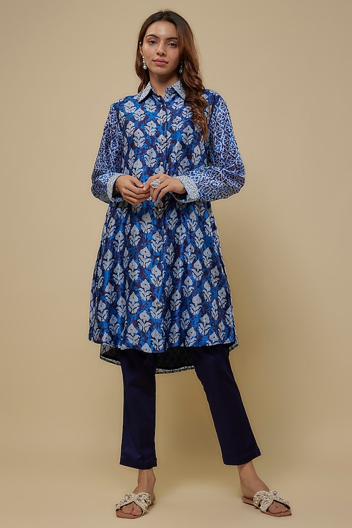 Blue Kora Silk Printed & Embroidered Co-Ord Set by Prisho at Pernia's Pop Up Shop