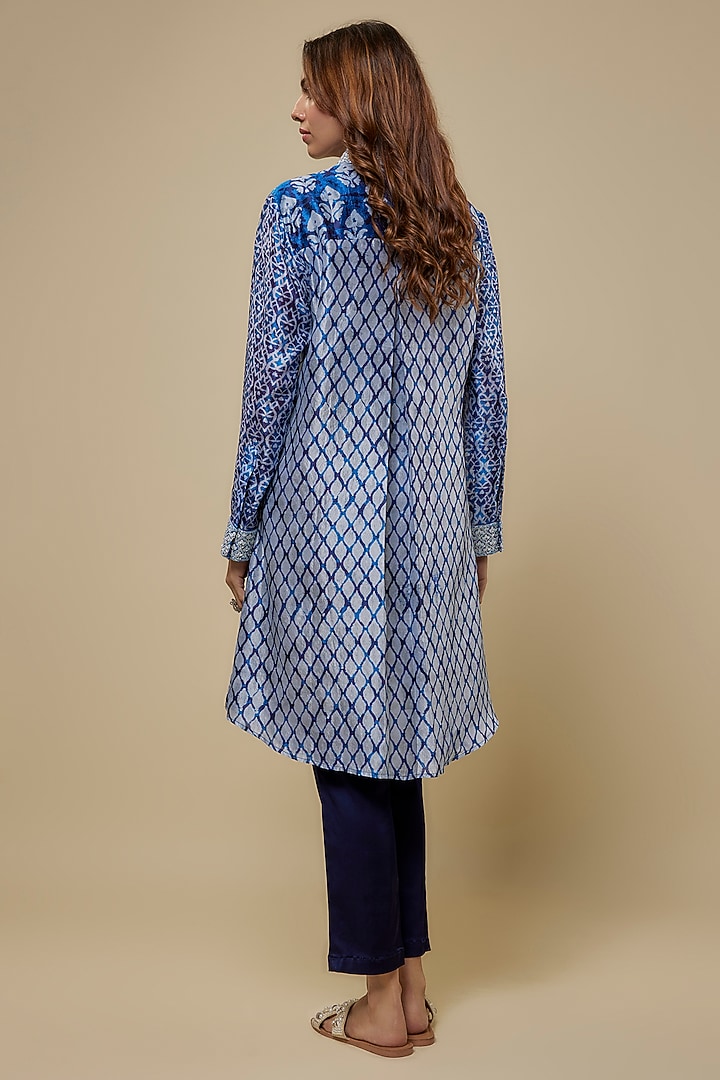 Blue Kora Silk Printed & Embroidered Co-Ord Set by Prisha's at Pernia's Pop Up Shop