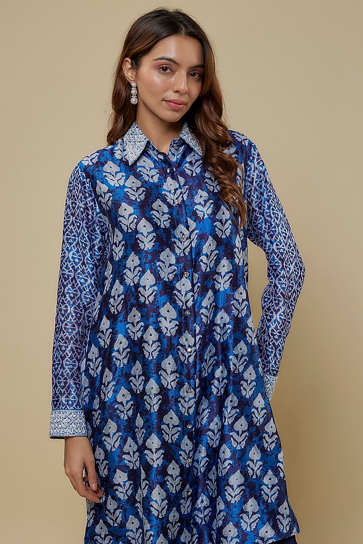 Blue Kora Silk Printed & Embroidered Co-Ord Set by Prisha's at Pernia's Pop Up Shop