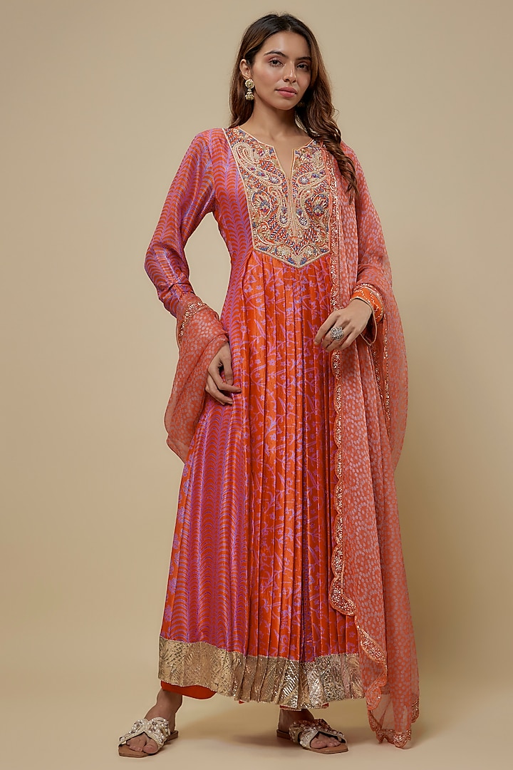 Orange & Pink Kora Silk Zardosi Embroidered Kurta Set by Prisho at Pernia's Pop Up Shop