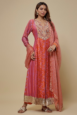 Orange & Pink Kora Silk Zardosi Embroidered Kurta Set by Prisha's