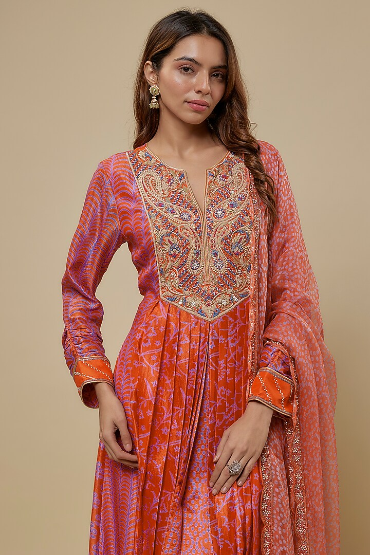 Orange & Pink Kora Silk Zardosi Embroidered Kurta Set by Prisha's at Pernia's Pop Up Shop