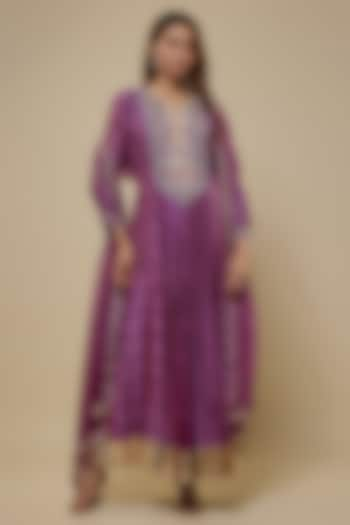 Purple Kora Silk Printed & Embroidered Pleated Kurta Set by Prisho at Pernia's Pop Up Shop