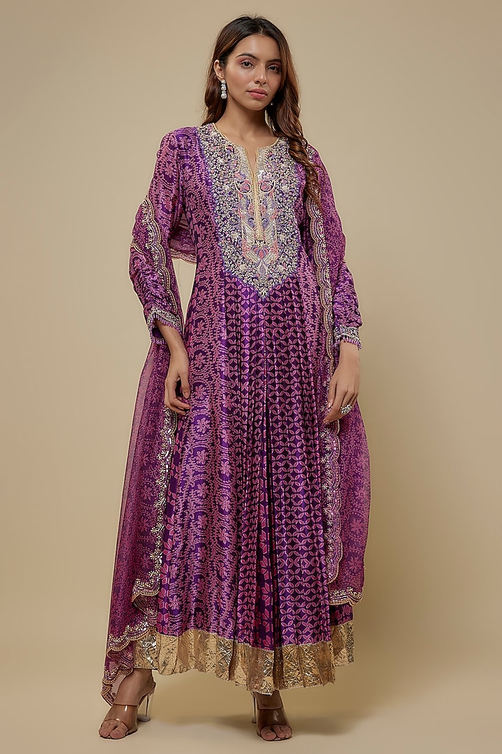 Purple Kora Silk Printed & Embroidered Pleated Kurta Set by Prisho at Pernia's Pop Up Shop