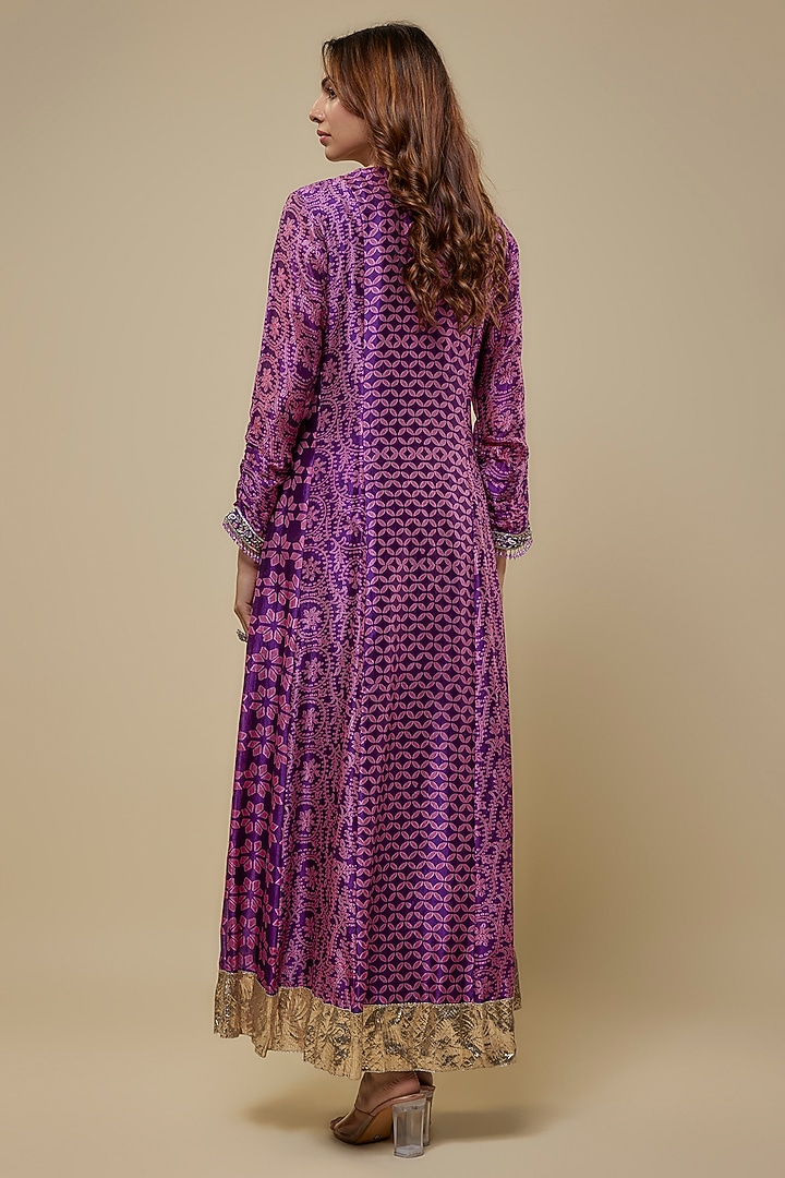 Purple Kora Silk Printed & Embroidered Pleated Kurta Set by Prisha's at Pernia's Pop Up Shop