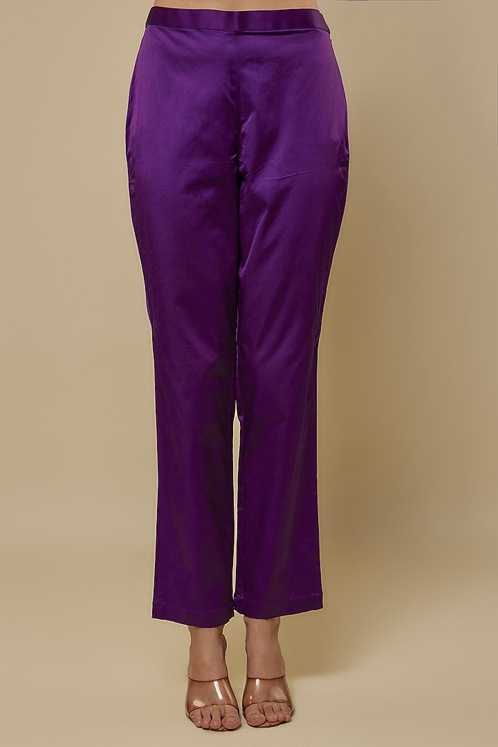 Purple Kora Silk Printed & Embroidered Pleated Kurta Set by Prisha's at Pernia's Pop Up Shop