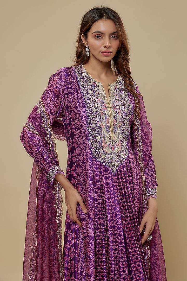 Purple Kora Silk Printed & Embroidered Pleated Kurta Set by Prisha's at Pernia's Pop Up Shop