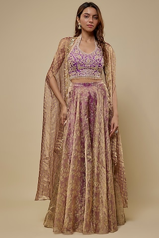 Purple Dupion Silk Block Printed Cape Set by Prisha's