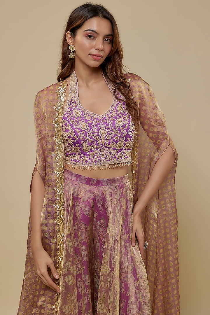 Purple Dupion Silk Block Printed Cape Set by Prisha's at Pernia's Pop Up Shop