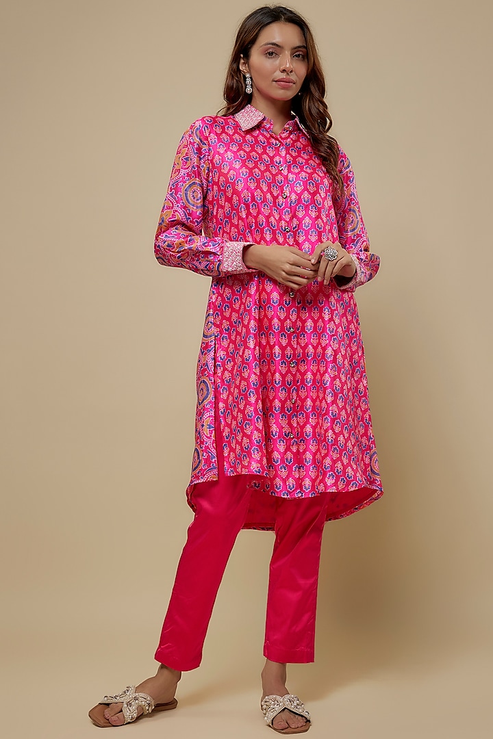 Pink Kora Silk Ajrakh Block Printed Co-Ord Set by Prisha's at Pernia's Pop Up Shop