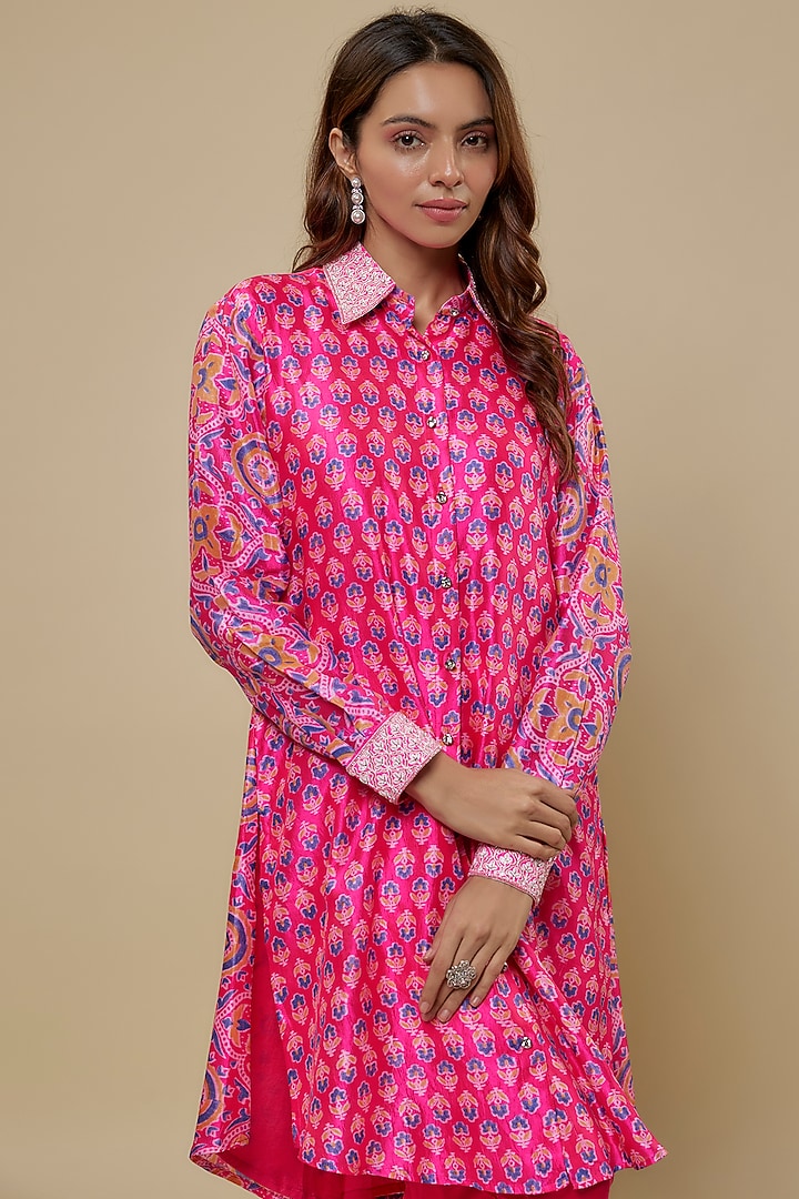Pink Kora Silk Ajrakh Block Printed Co-Ord Set by Prisha's at Pernia's Pop Up Shop
