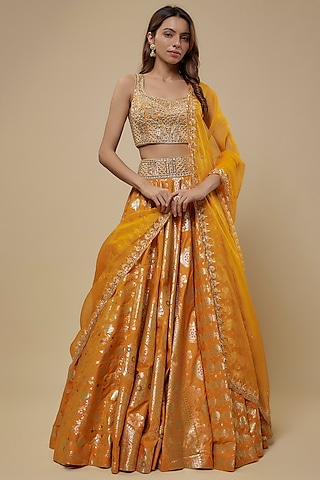 Orange Brocade Handwoven Printed Lehenga Set by Prisha's