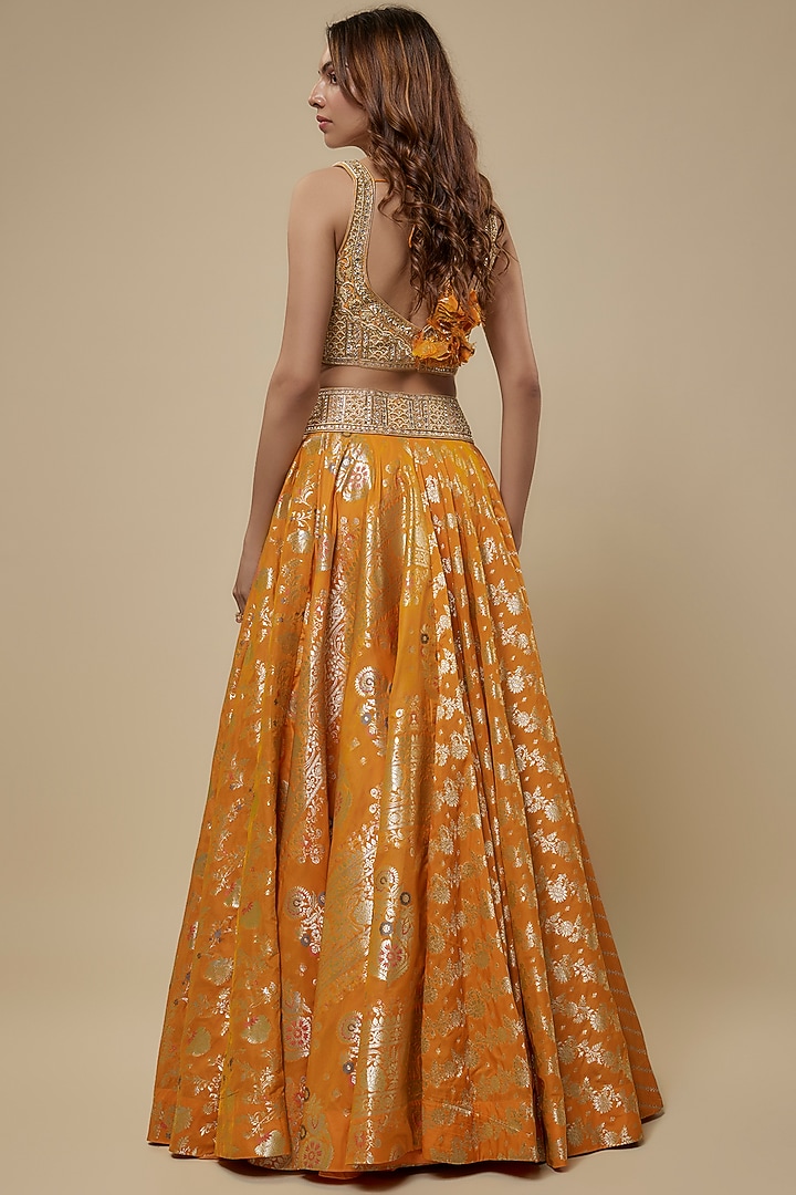 Orange Brocade Handwoven Printed Wedding Lehenga Set by Prisha's at Pernia's Pop Up Shop