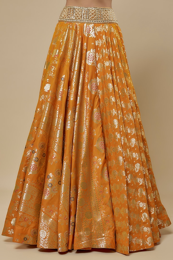 Orange Brocade Handwoven Printed Wedding Lehenga Set by Prisha's at Pernia's Pop Up Shop