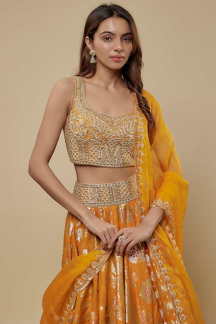 Orange Brocade Handwoven Printed Wedding Lehenga Set by Prisha's at Pernia's Pop Up Shop