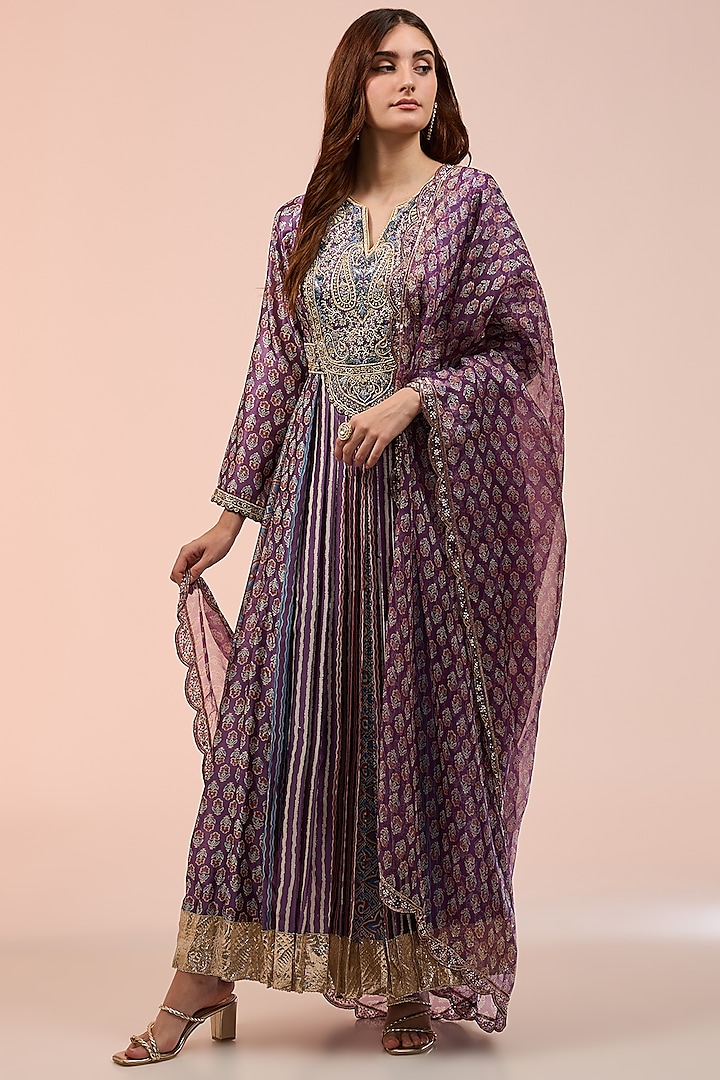 Purple Kora Silk Ajrakh Block Printed Kurta Set by Prisha's at Pernia's Pop Up Shop