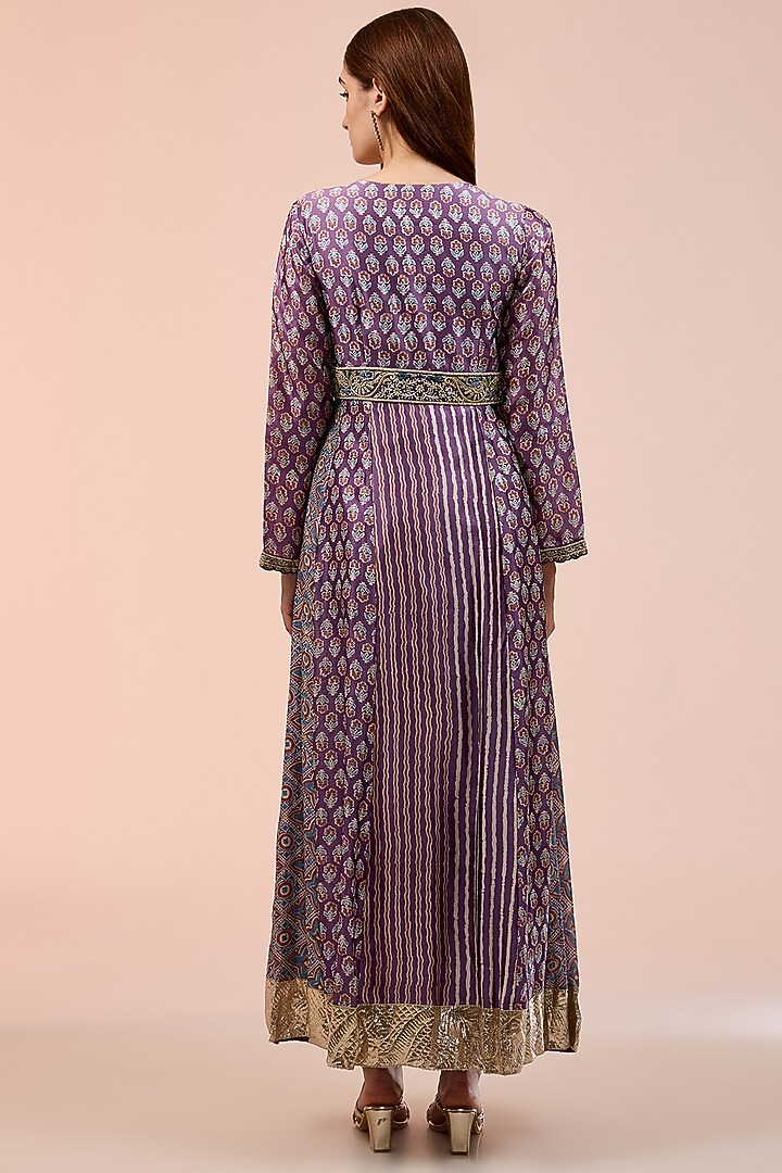Purple Kora Silk Ajrakh Block Printed Kurta Set by Prisha's at Pernia's Pop Up Shop