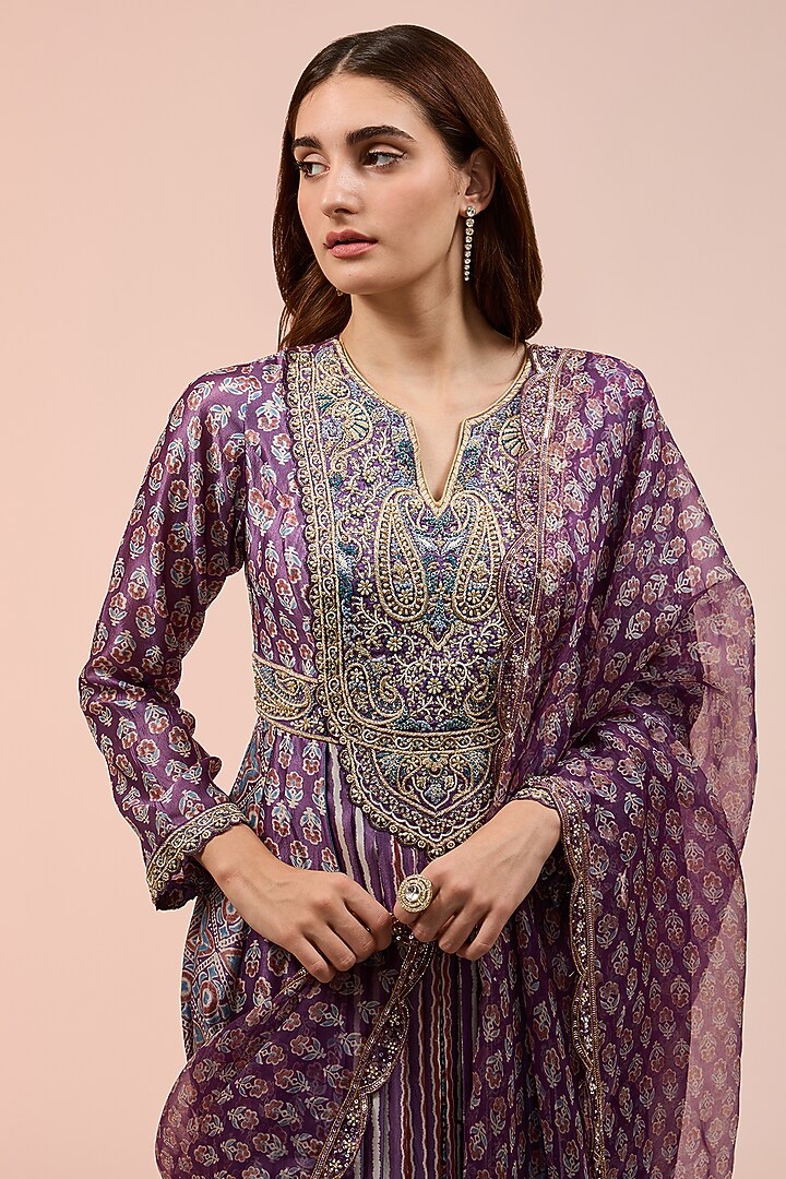 Purple Kora Silk Ajrakh Block Printed Kurta Set by Prisha's at Pernia's Pop Up Shop