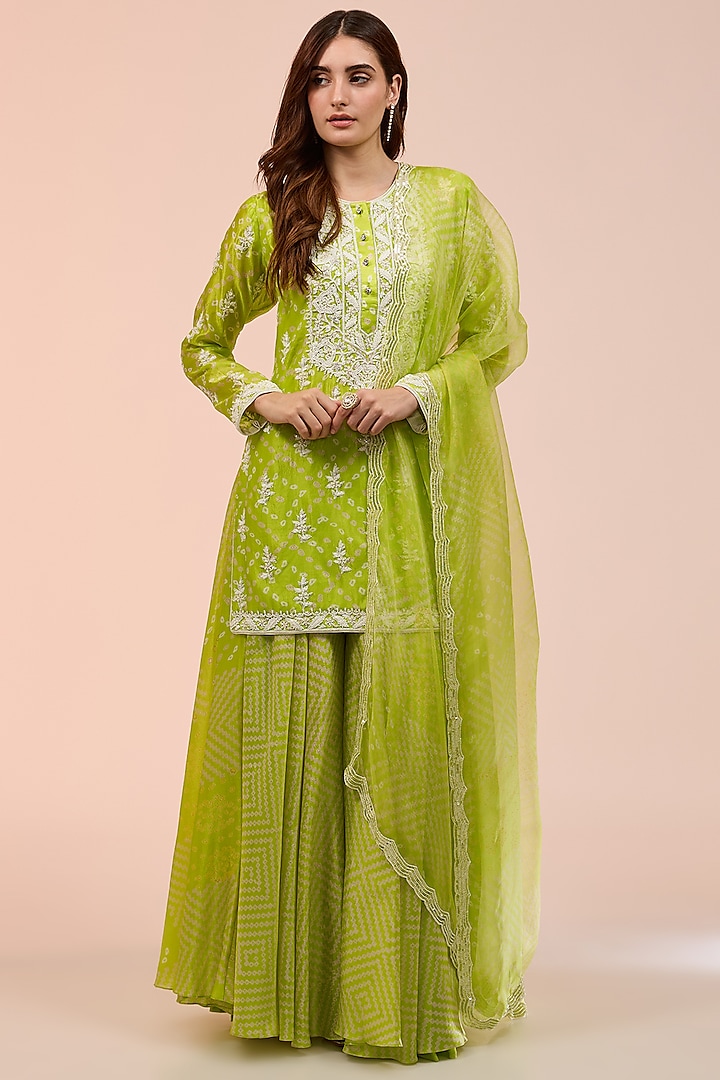 Green Kora Silk Block Printed Kurta Set by Prisha's at Pernia's Pop Up Shop