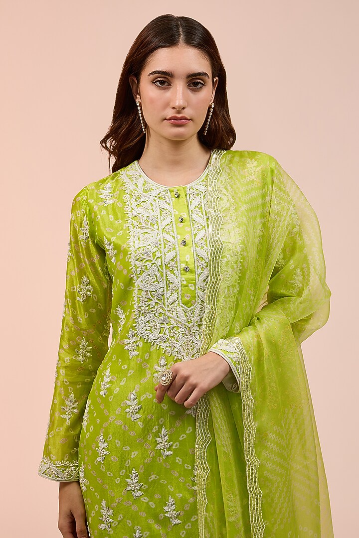 Green Kora Silk Block Printed Kurta Set by Prisha's at Pernia's Pop Up Shop