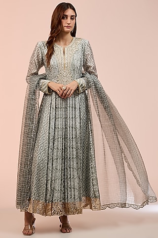Grey Kora Silk Block Printed Pleated Kurta Set by Prisha's