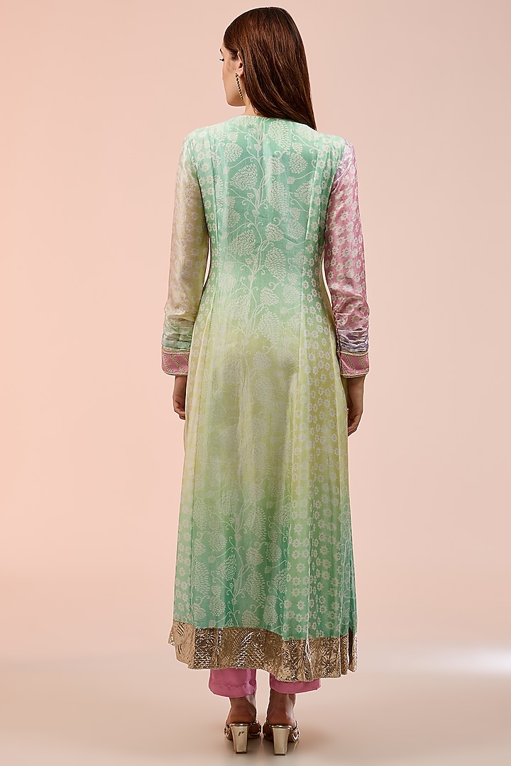 Multi-Colored Kora Silk Block Printed Pleated Kurta Set by Prisha's at Pernia's Pop Up Shop