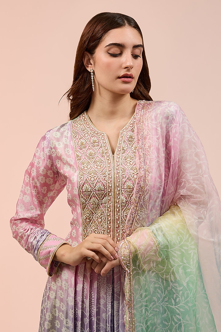 Multi-Colored Kora Silk Block Printed Pleated Kurta Set by Prisha's at Pernia's Pop Up Shop