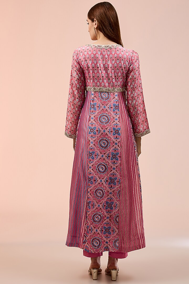 Pink Kora Silk Ajrakh Block Printed Kurta Set by Prisha's at Pernia's Pop Up Shop