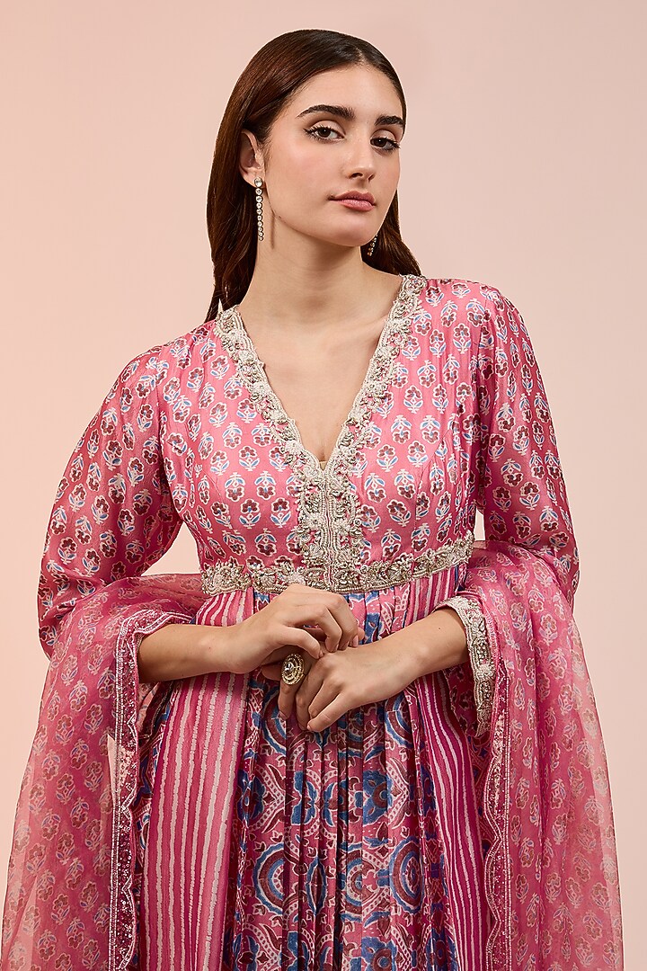 Pink Kora Silk Ajrakh Block Printed Kurta Set by Prisha's at Pernia's Pop Up Shop
