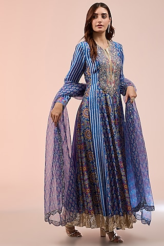 Blue Kora Silk Ajrakh Block Printed Kurta Set by Prisha's