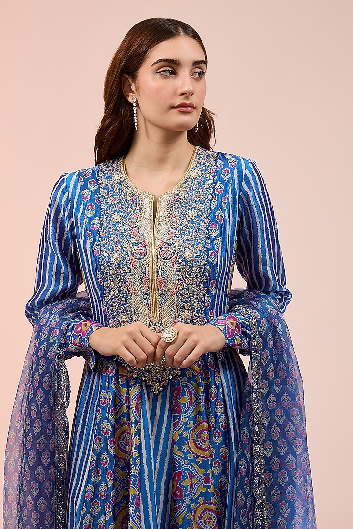 Blue Kora Silk Ajrakh Block Printed Kurta Set by Prisha's at Pernia's Pop Up Shop
