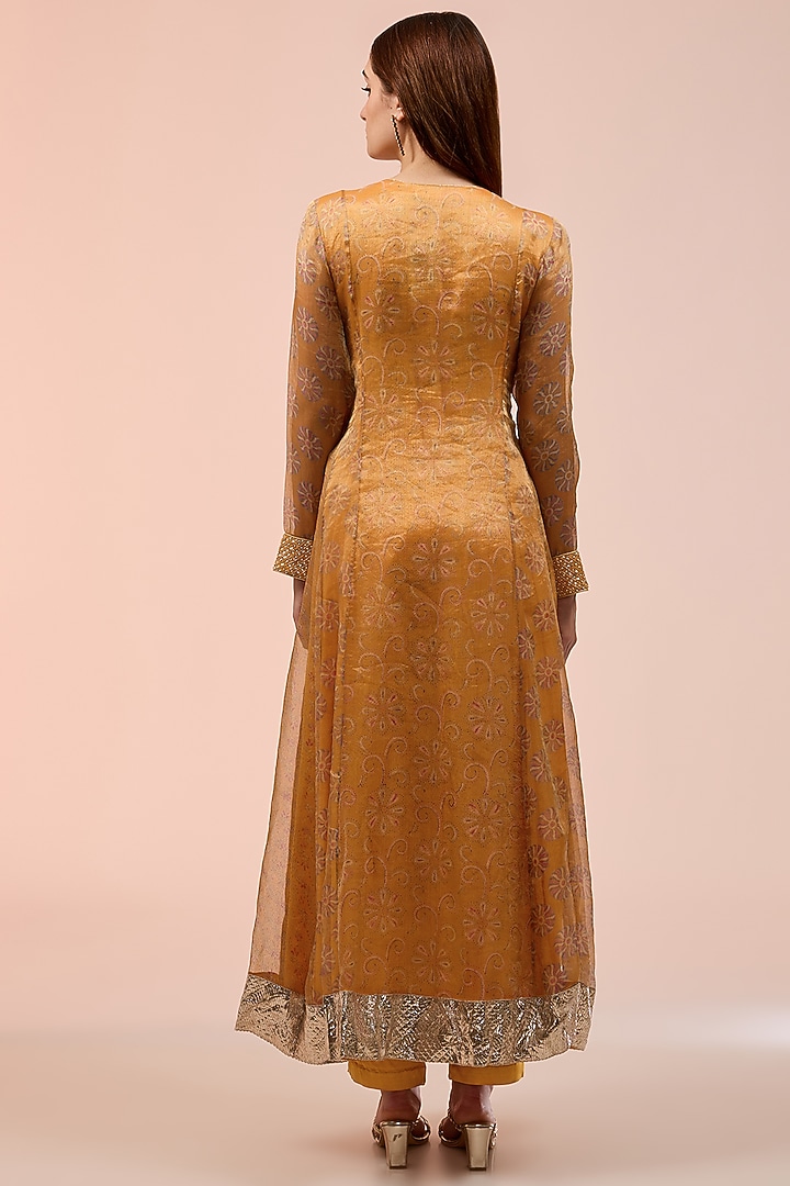 Orange Tissue Organza Block Printed Kurta Set by Prisha's at Pernia's Pop Up Shop