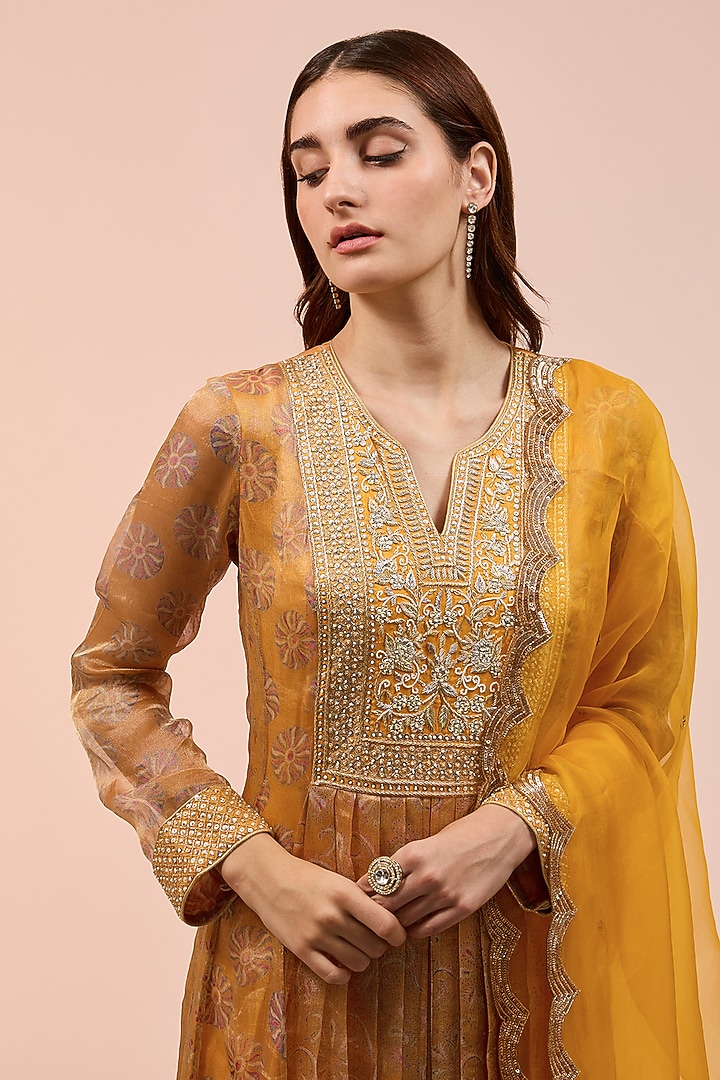 Orange Tissue Organza Block Printed Kurta Set by Prisha's at Pernia's Pop Up Shop