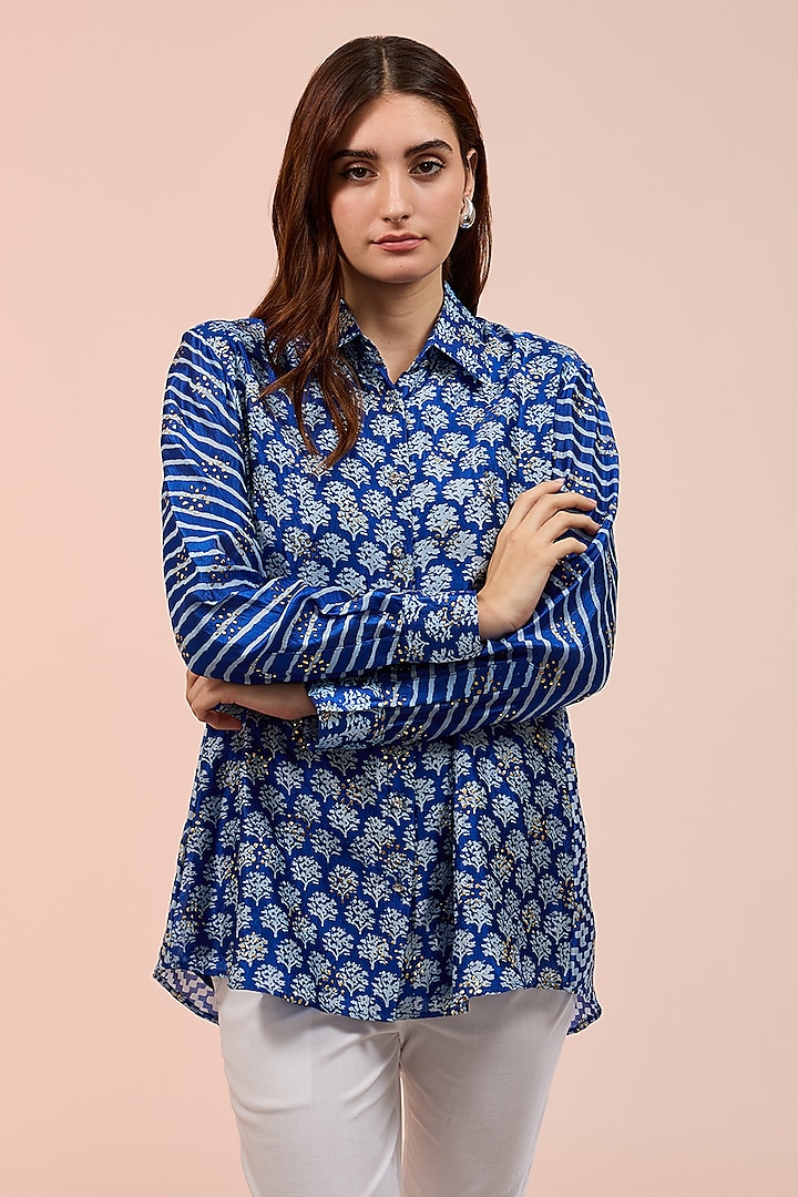 Blue & White Kora Silk Block Printed Shirt by Prisha's at Pernia's Pop Up Shop