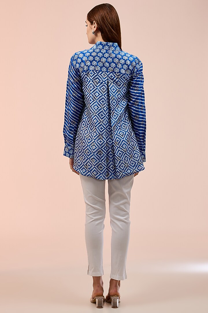Blue & White Kora Silk Block Printed Shirt by Prisha's at Pernia's Pop Up Shop