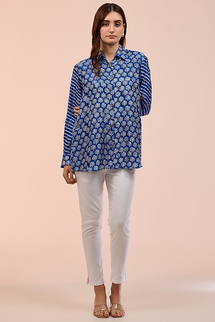 Blue & White Kora Silk Block Printed Shirt by Prisha's at Pernia's Pop Up Shop