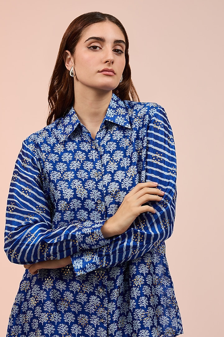 Blue & White Kora Silk Block Printed Shirt by Prisha's at Pernia's Pop Up Shop