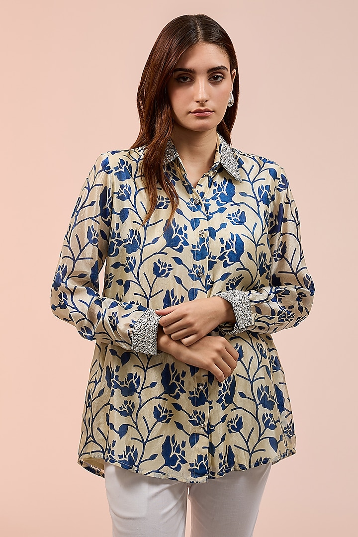 Indigo Blue & Beige Raw Silk Floral Printed Shirt by Prisha's at Pernia's Pop Up Shop